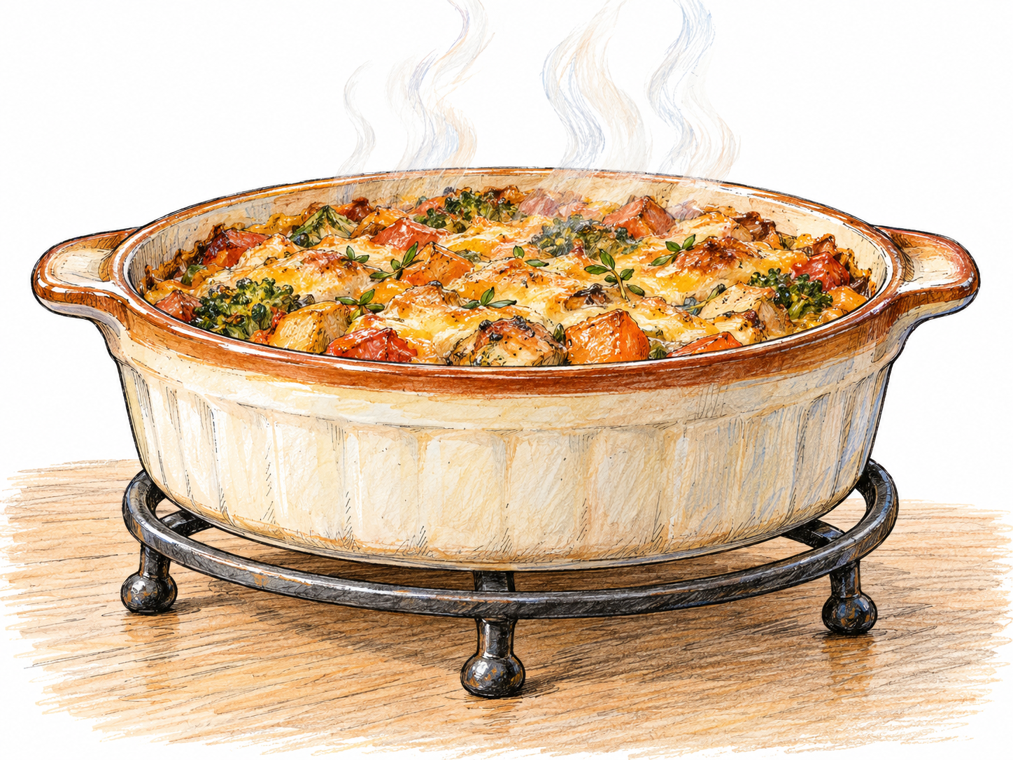 A steaming casserole rests on a clearly visible three-footed metal trivet, which separates the hot dish from a wooden tabletop.