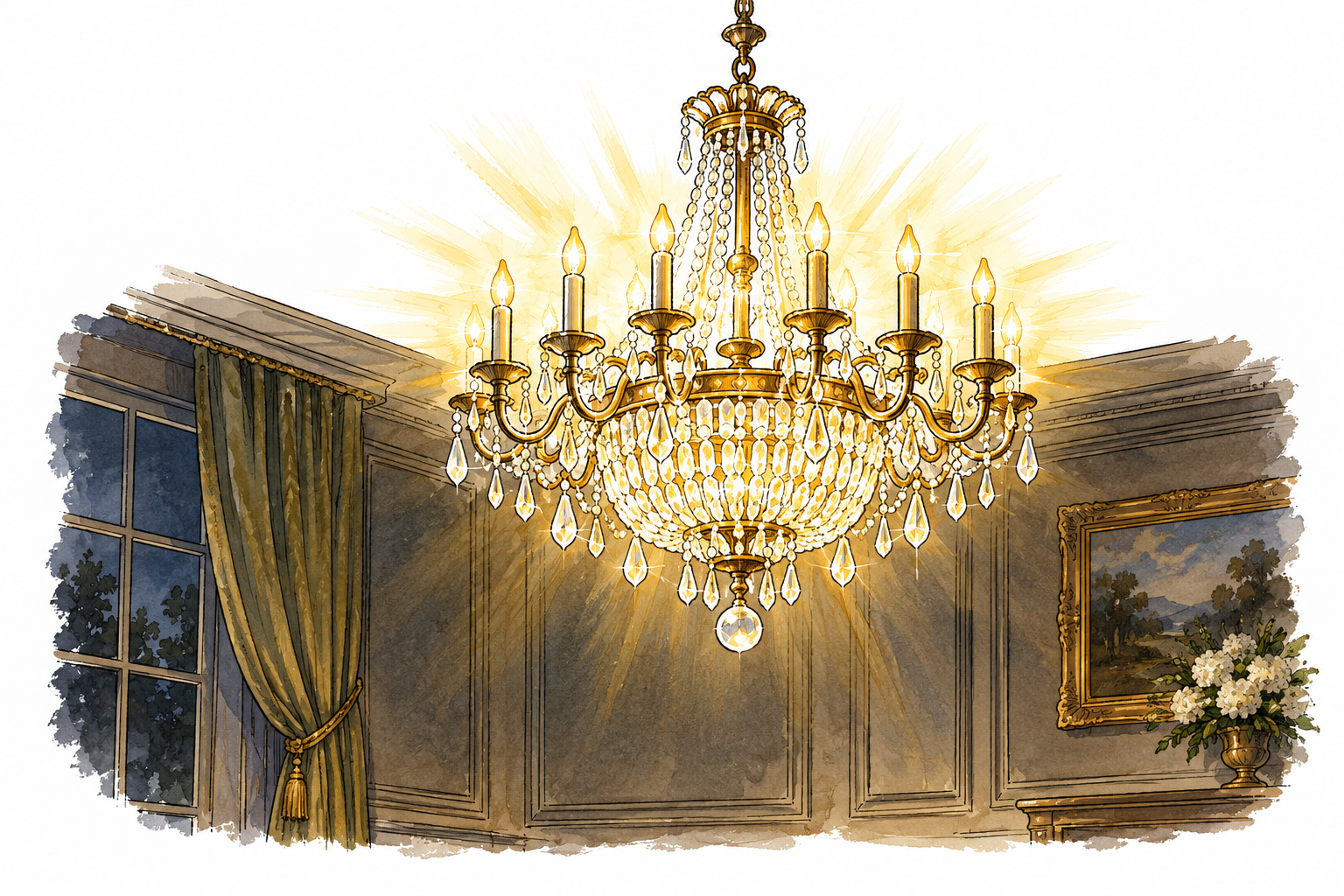 A radiant illuminated chandelier shines brightly in a dim elegant room.