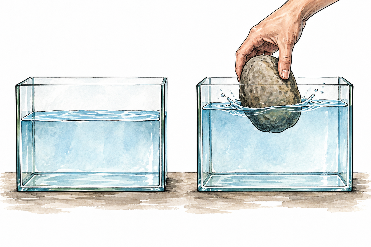 A stone lowered into a clear water container displaces water visibly upward; two sequential views show occupied space, no numbers or captions.