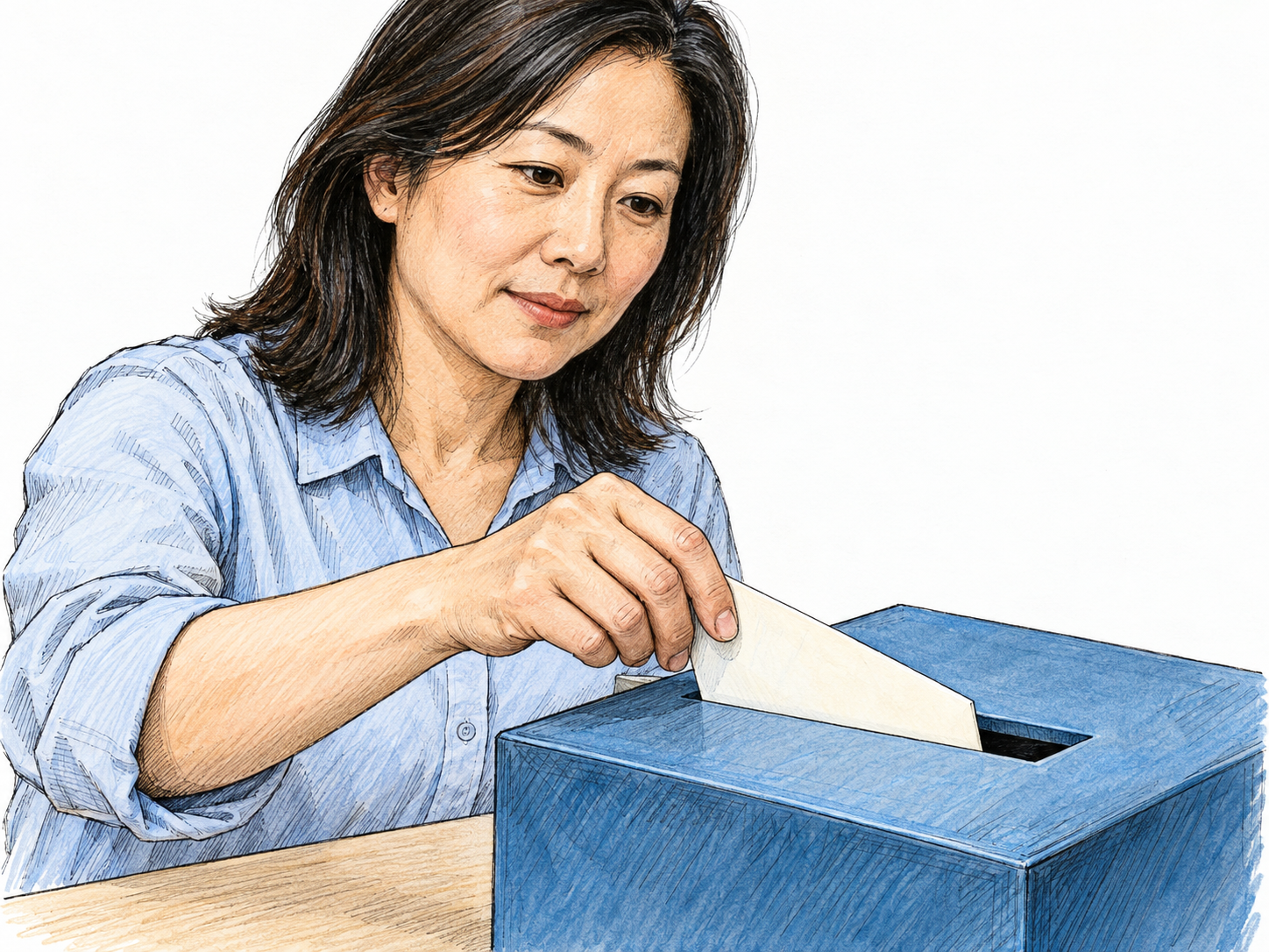 A woman slides a plain envelope into the narrow slot of a small collection box, with the envelope visibly halfway inside.