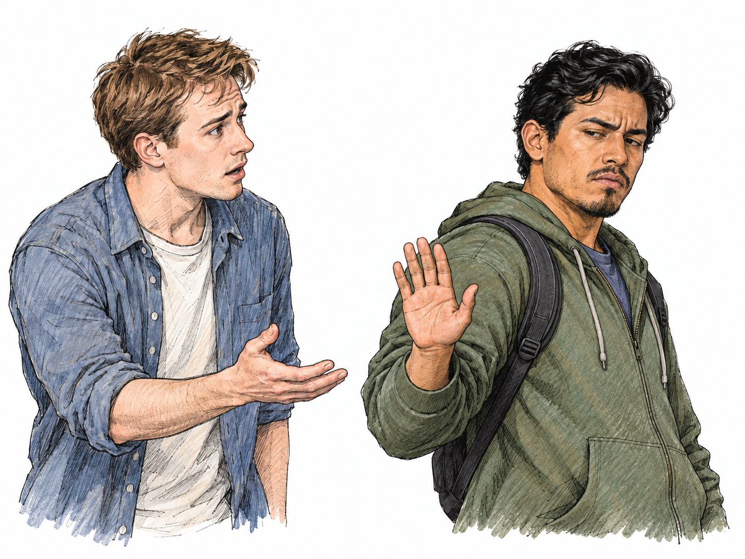 A man cuts off a polite request with a terse reply and a dismissive hand gesture, already turning away from the surprised questioner.