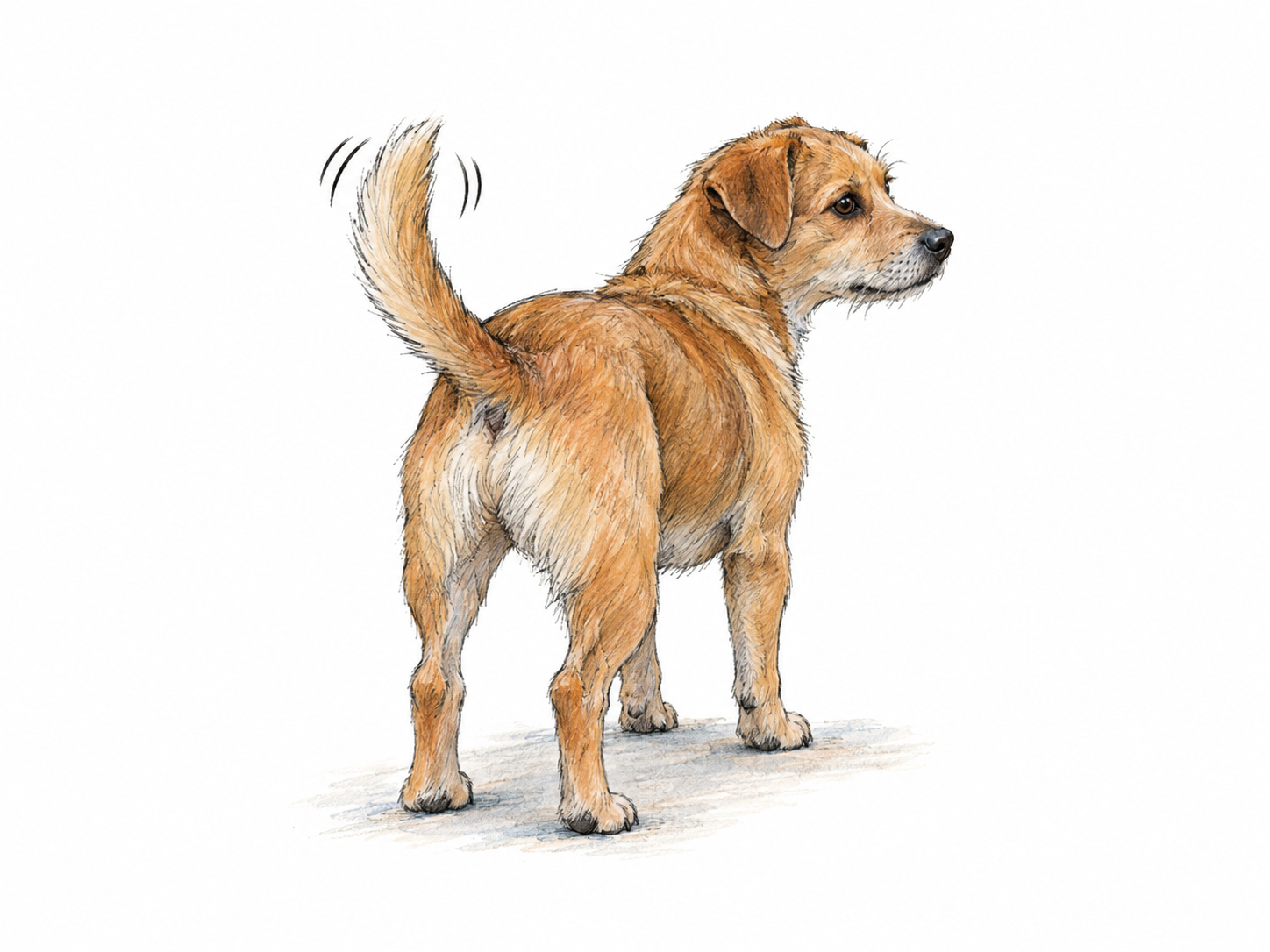 A small dog stands still while its raised tail makes short, quick side-to-side movements, shown by closely spaced lateral motion strokes around the tail tip.