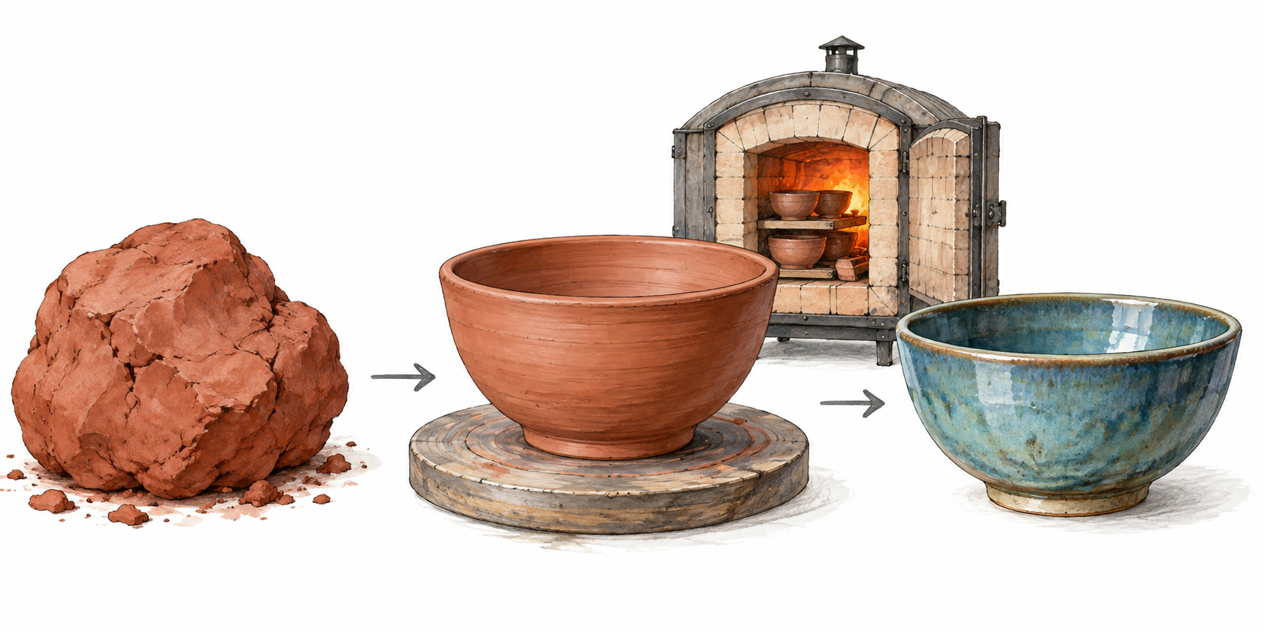 Clay changes through shaping and firing into glazed ceramic.