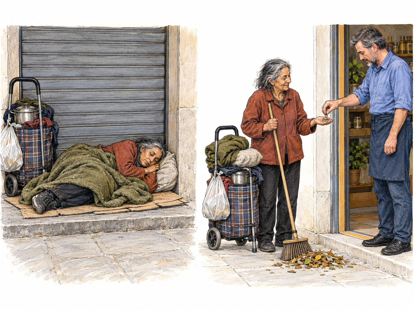 A compact two-scene illustration of the same itinerant woman sleeping with her possessions in a public doorway and doing a small, informally paid sweeping job while keeping her bedding and belongings beside her.