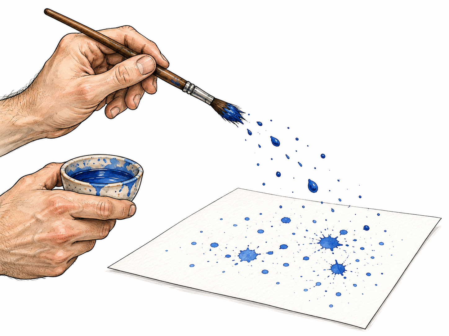 A painter flicks small drops of blue paint from a brush onto a plain white sheet, hand and droplets clear, no lettering or shapes suggesting text.