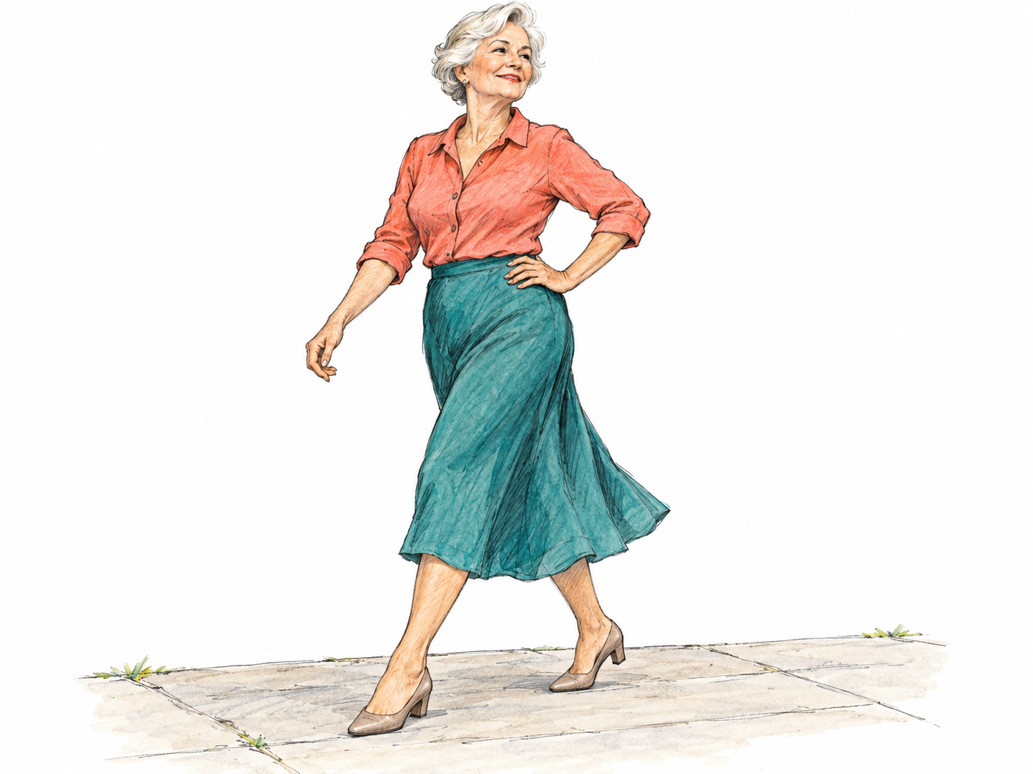 An older woman sashays forward with a conspicuously exaggerated hip-swinging stride, chin raised and a pleased, confident smile.