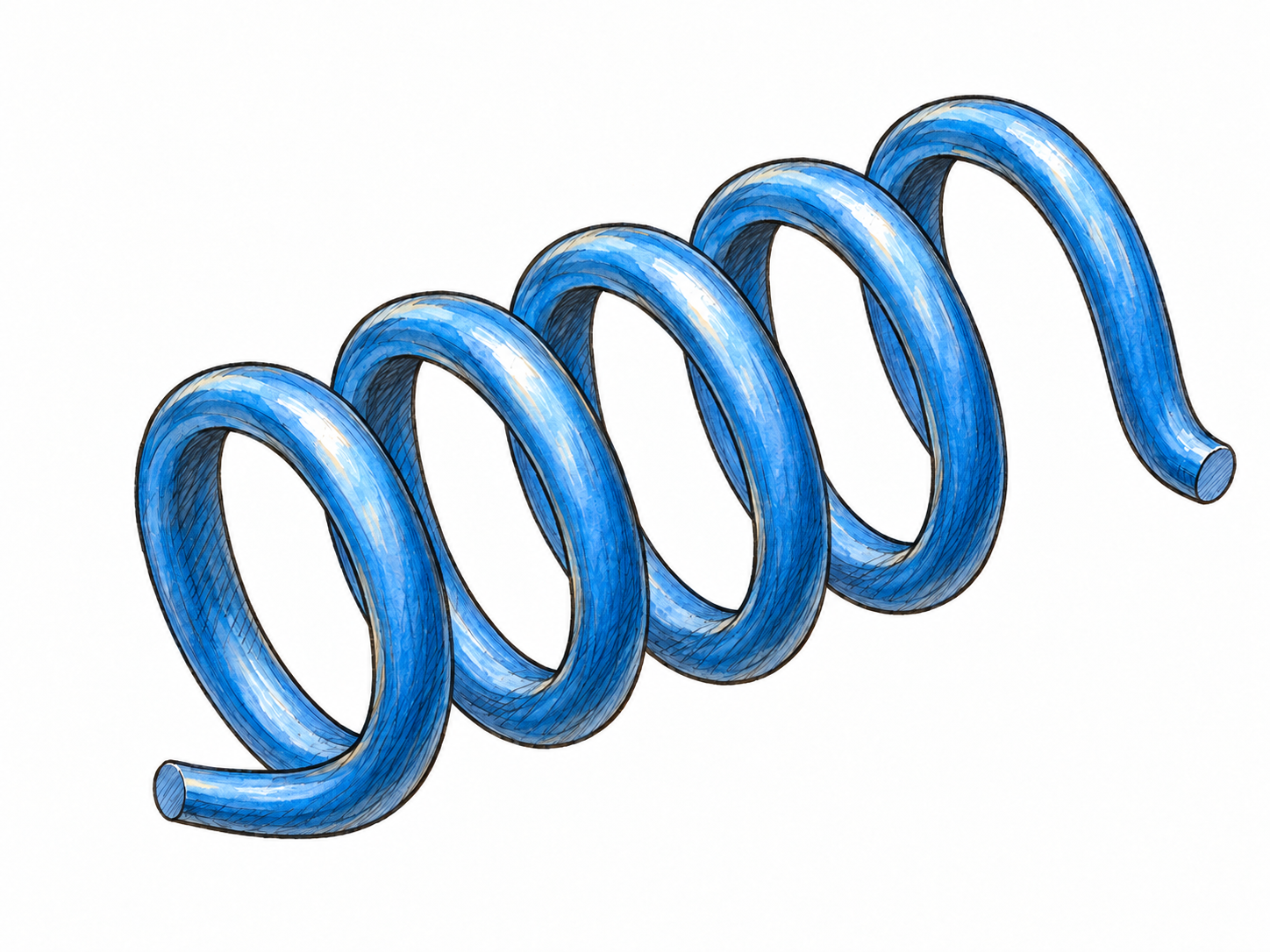 A single open coil of thick blue wire, shown obliquely so its evenly spaced turns visibly advance along a straight axis, making the three-dimensional helix unmistakable.