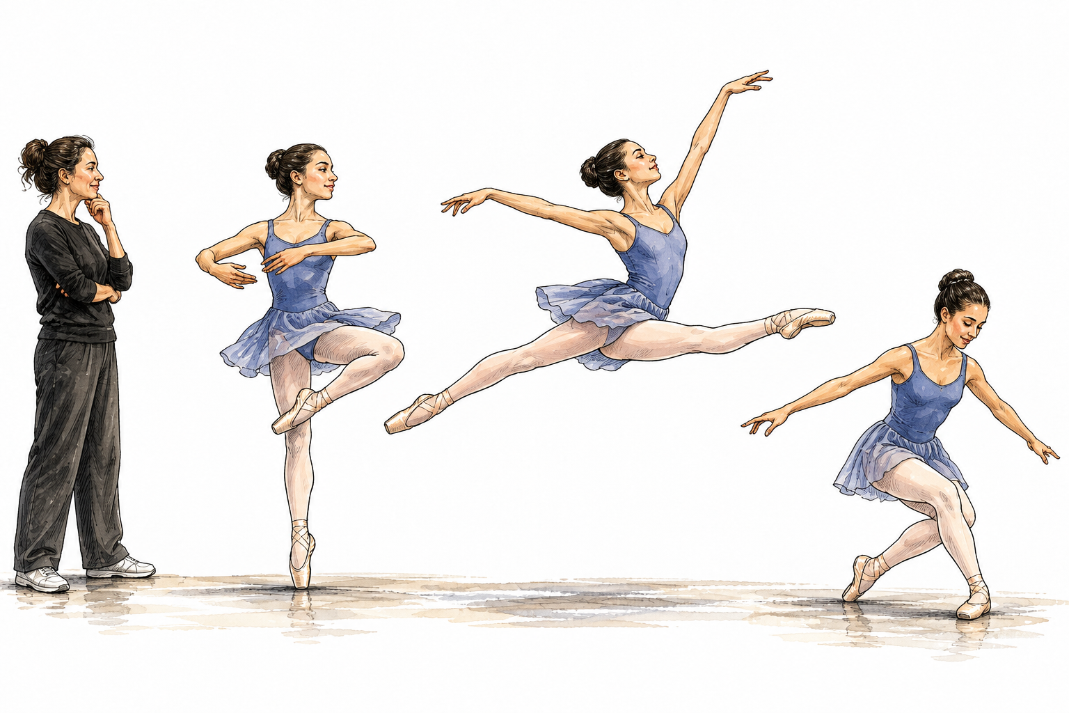 Three sequential ghost-free vignettes of the same dancer demonstrating a planned turn, leap, and landing while choreographer watches, no arrows or text.