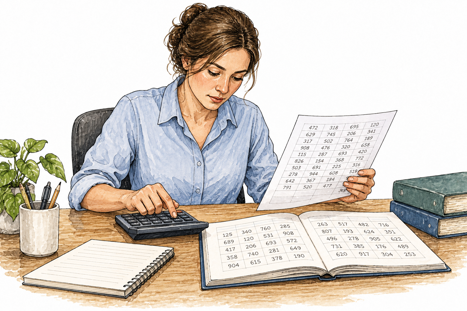 An accountant at a desk carefully checking a numeric spreadsheet and ledger with a calculator, only simple financial digits, no words or captions.