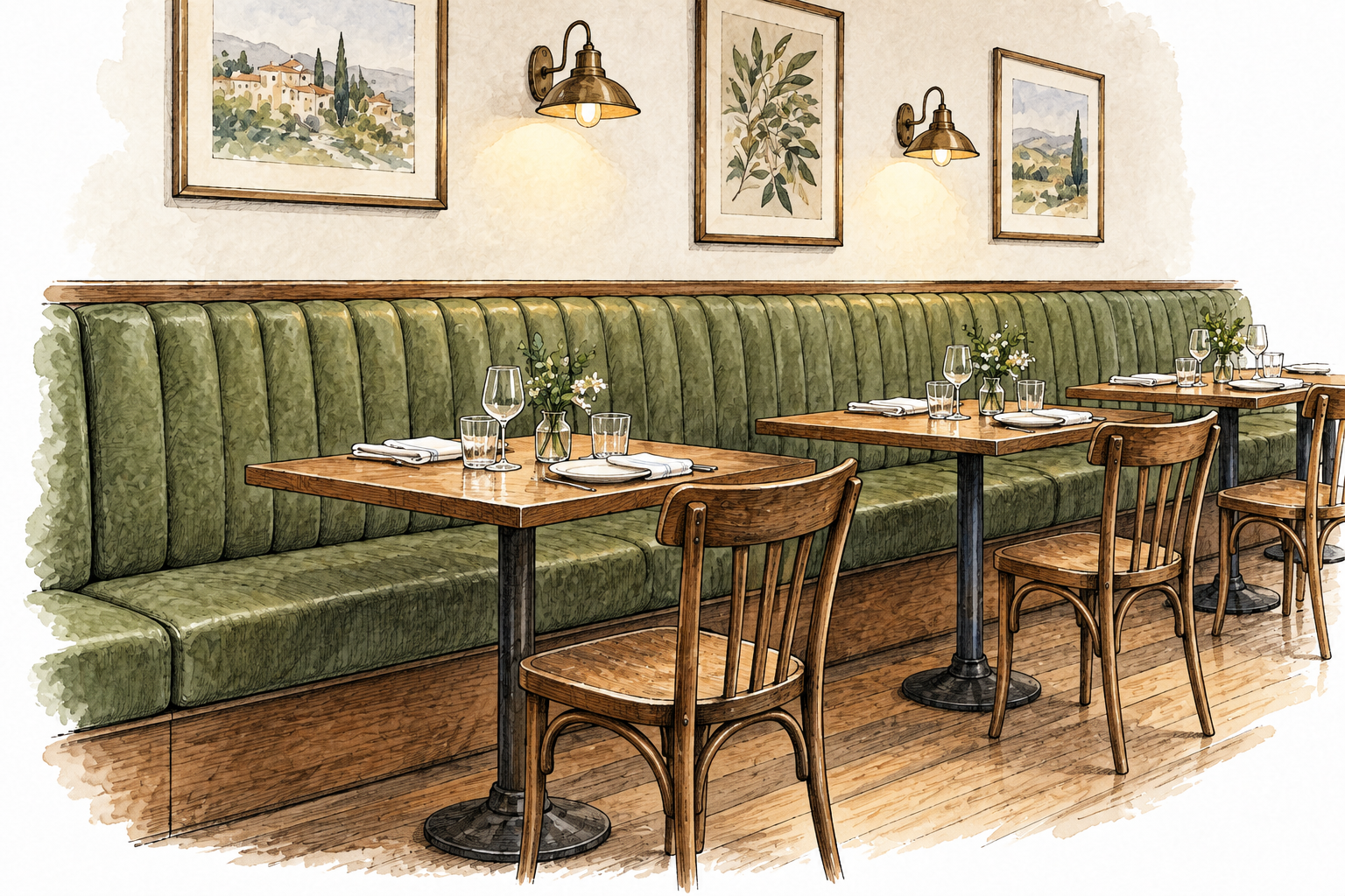 A long upholstered bench built continuously along a restaurant wall behind small dining tables, no people required.