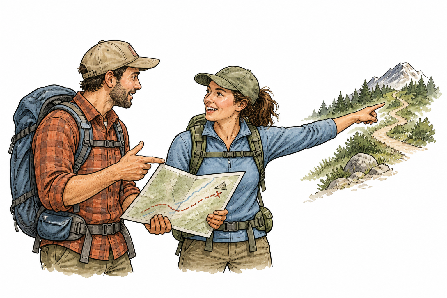 Two adults communicate a route using gestures and a simple map.