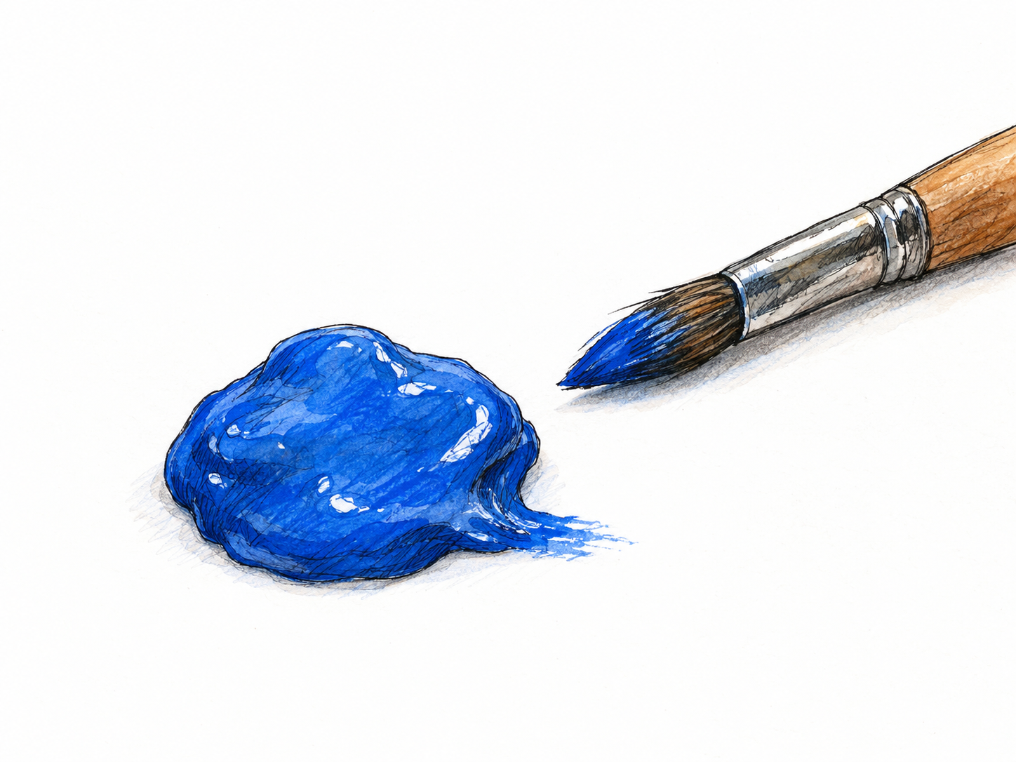 A small, irregular blob of thick blue paint on a plain white surface, with a paintbrush beside it establishing scale and material.