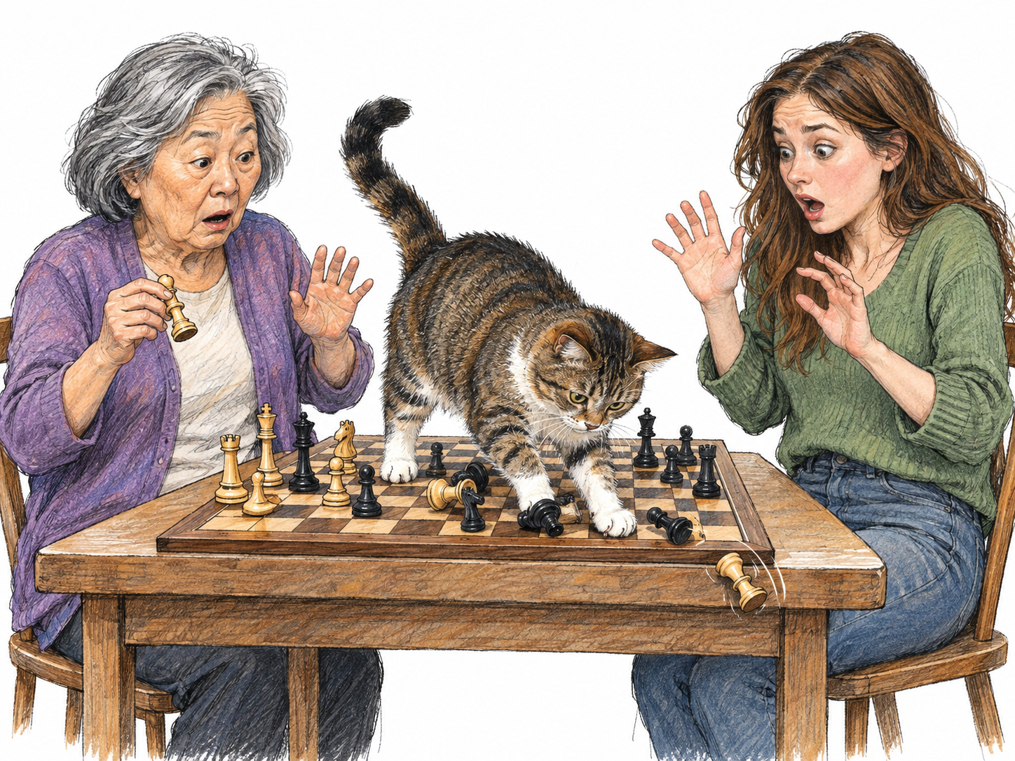 A board game is abruptly interrupted when a cat leaps onto the board, scattering pieces and making both players pull their hands back from play.