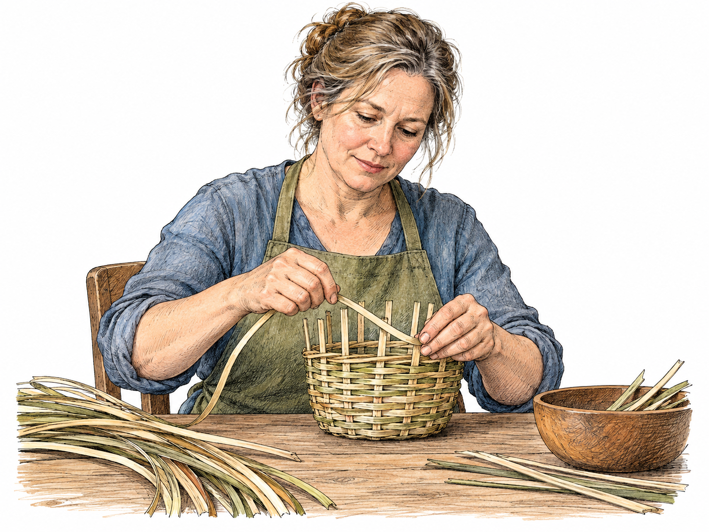 A maker skillfully hand-weaves a small reed basket, fingers actively threading one strip through the existing weave, no machine.