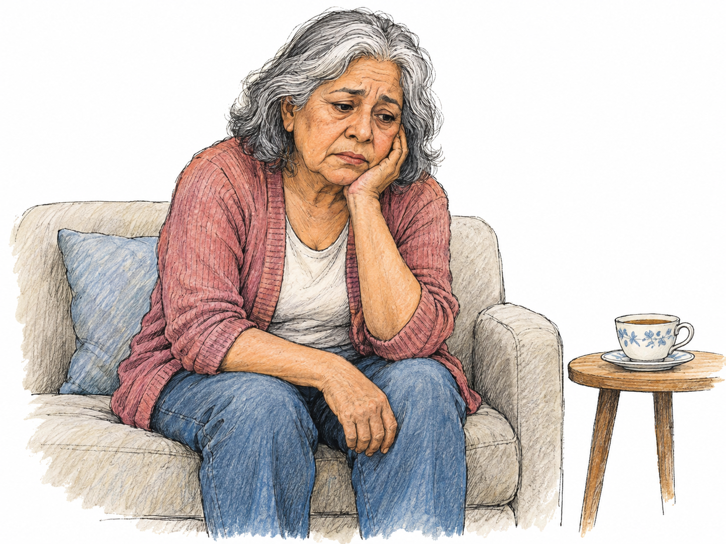 An older woman sits slumped on the edge of a sofa, her cheek resting heavily in one hand and her downcast face conveying low spirits.