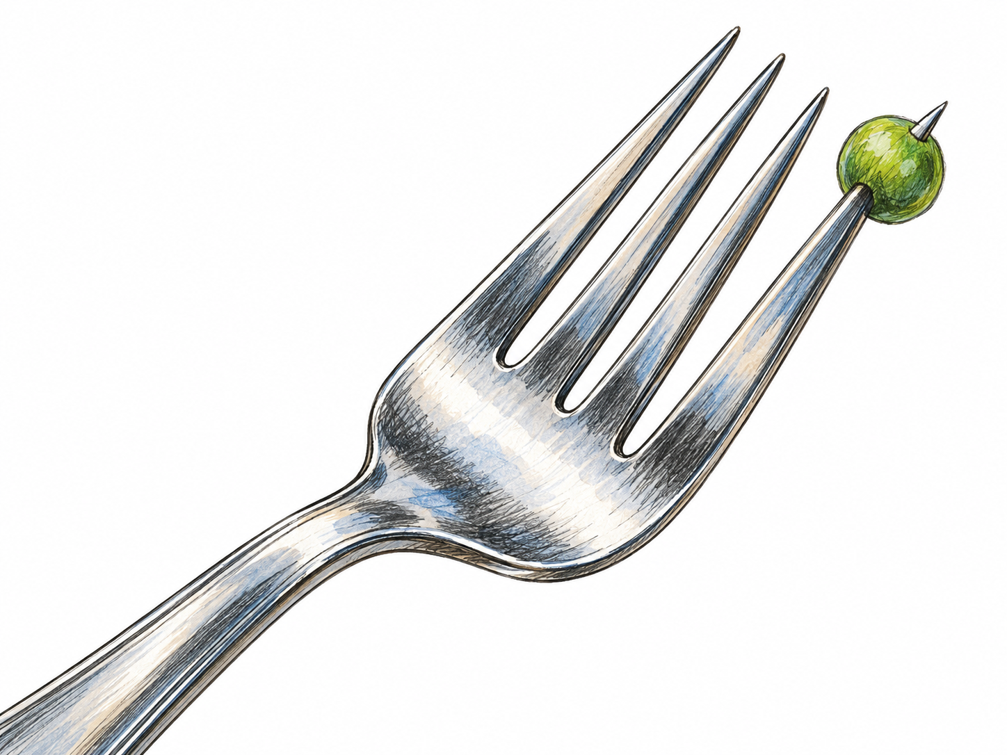 A close-up of a dinner fork with four clearly separated pointed prongs, one piercing a small green pea while the other three remain exposed.