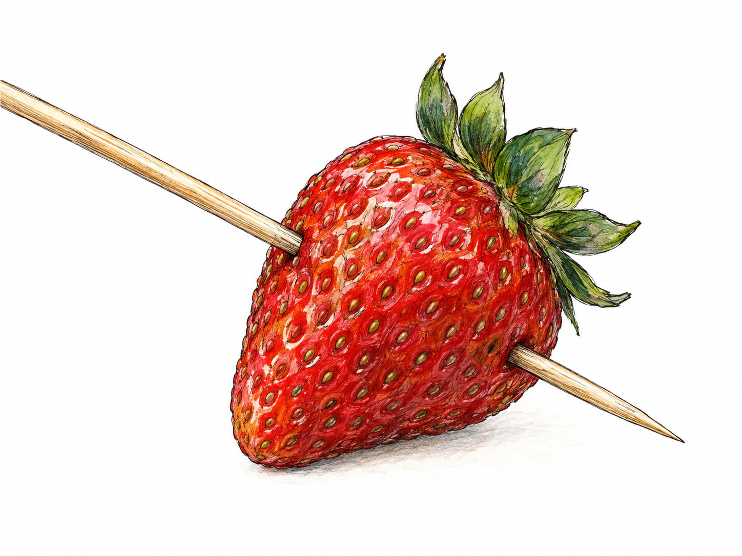 A pointed wooden skewer passes completely through a ripe strawberry, with its sharp tip clearly emerging from the opposite side, illustrating piercing through without injury or violence.