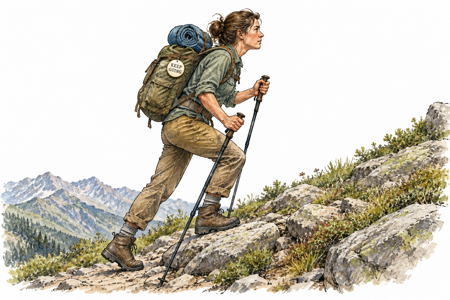 A hiker's small plain badge bears only the essential guiding motto 'KEEP GOING', while they persist uphill.