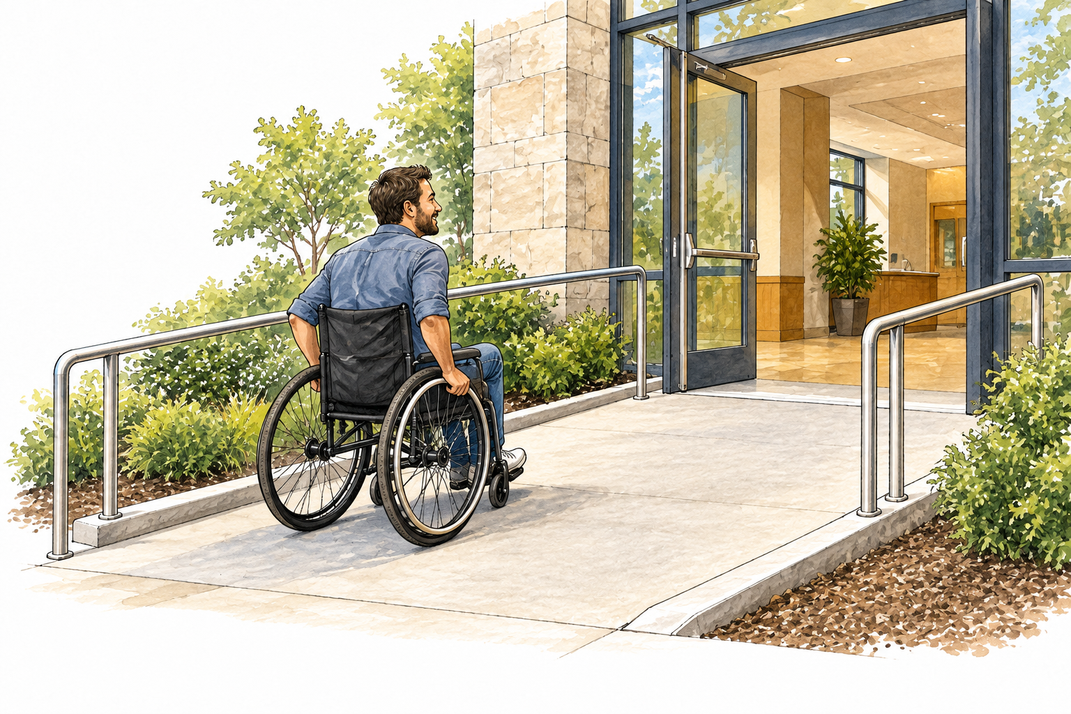 A wheelchair user enters a public building easily via a smooth ramp and open doorway, ability to enter.