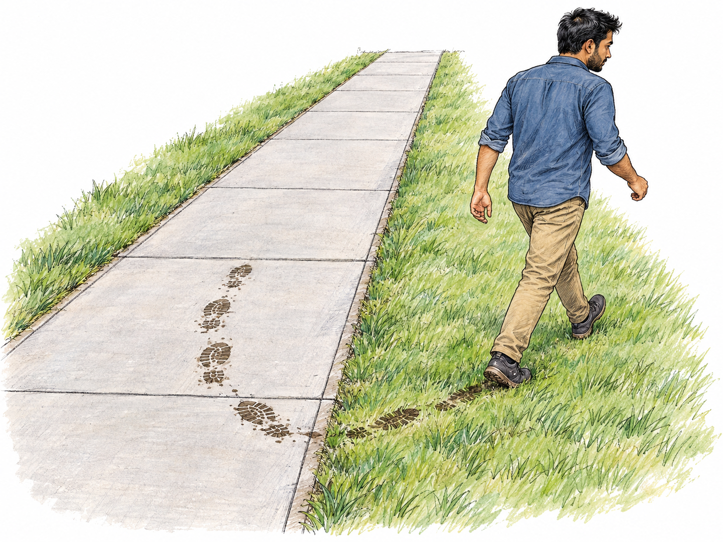 A walker turns off a straight paved footpath and heads diagonally across the grass.