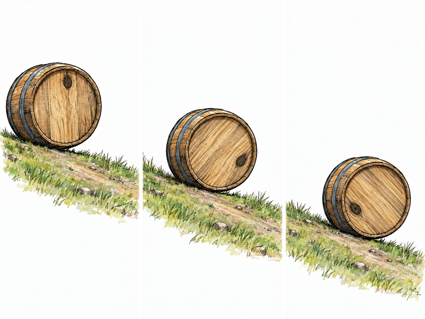 A compact three-panel sequence shows the same wooden barrel moving downhill on its curved staves, its distinctive end-grain knot rotating to a different position in each panel.