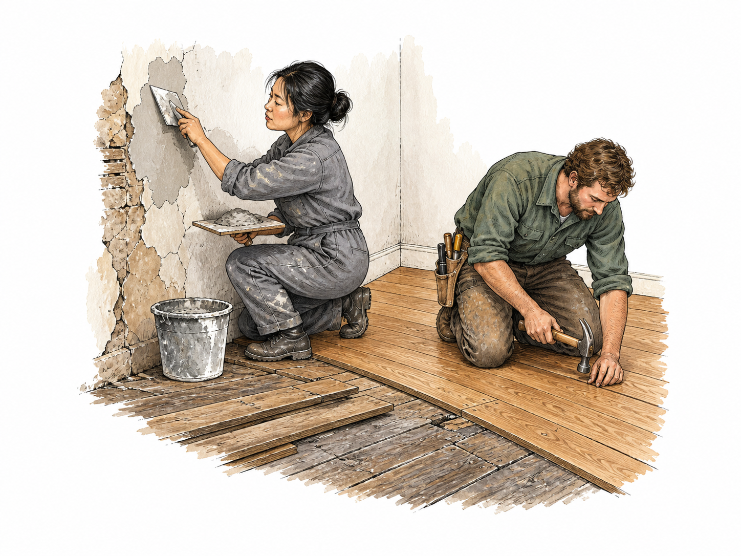A compact room renovation in progress: one adult patches cracked wall plaster while another installs new floorboards; old damaged section transitions into newly restored section of the same room.