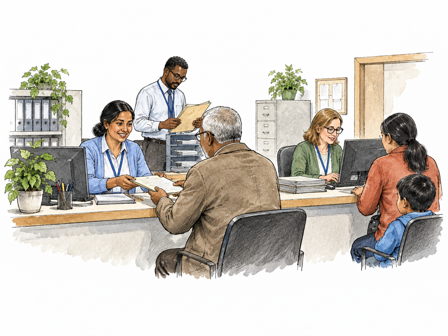A modest government department office with diverse staff serving members of the public.