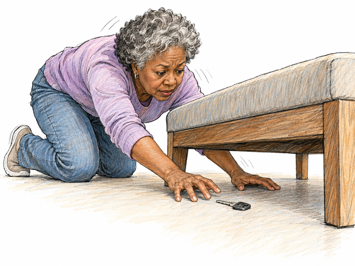 An older Black woman kneels beside a low bench, hurriedly groping with both hands beneath it for a dropped key just beyond her fingertips.