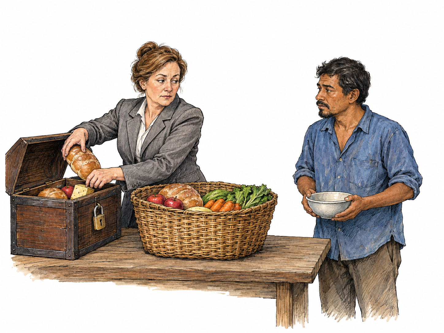 A dishonest official redirects donated food from an open communal distribution basket into a private locked chest beside the table while a waiting recipient holds an empty bowl.