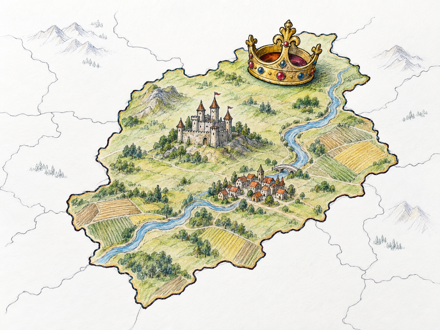 A royal domain shown as a simple, unlabeled territorial map: one clearly bounded kingdom contains a castle, a village and cultivated land, with a gold crown resting within its border.