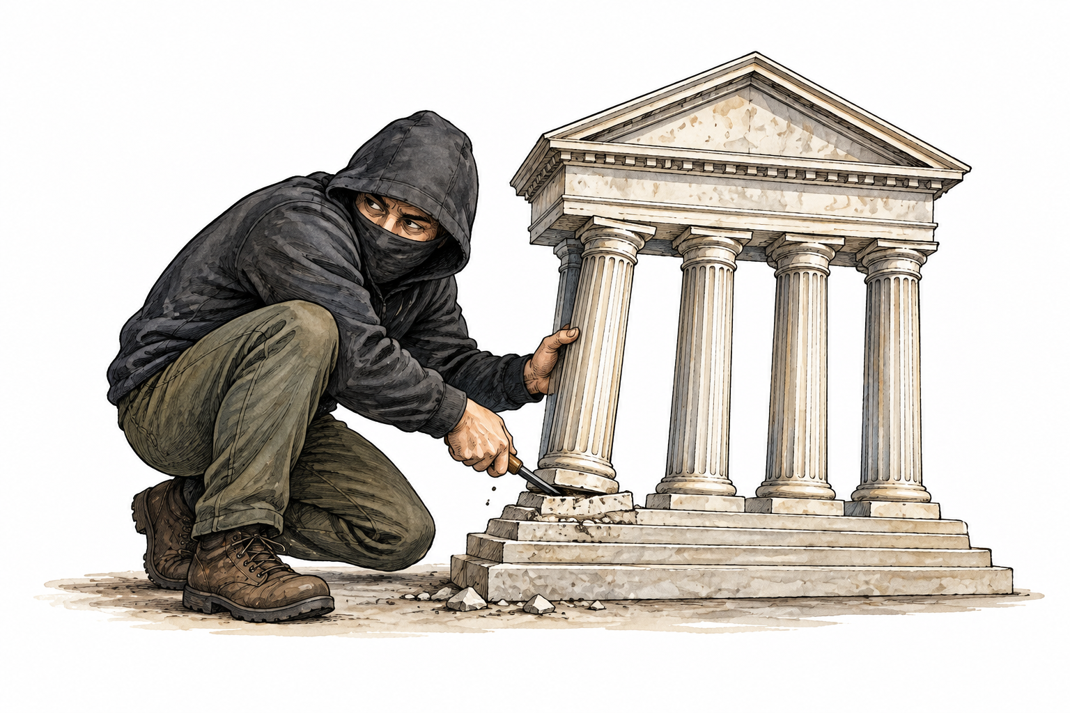 A figure covertly loosens a supporting pillar beneath a model institution, metaphor of weakening authority, not practical sabotage.
