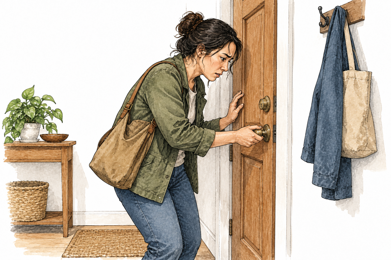 An anxious adult repeatedly checking an ordinary door lock, surroundings entirely real and normal, concerned facial expression, respectful portrayal without caricature.