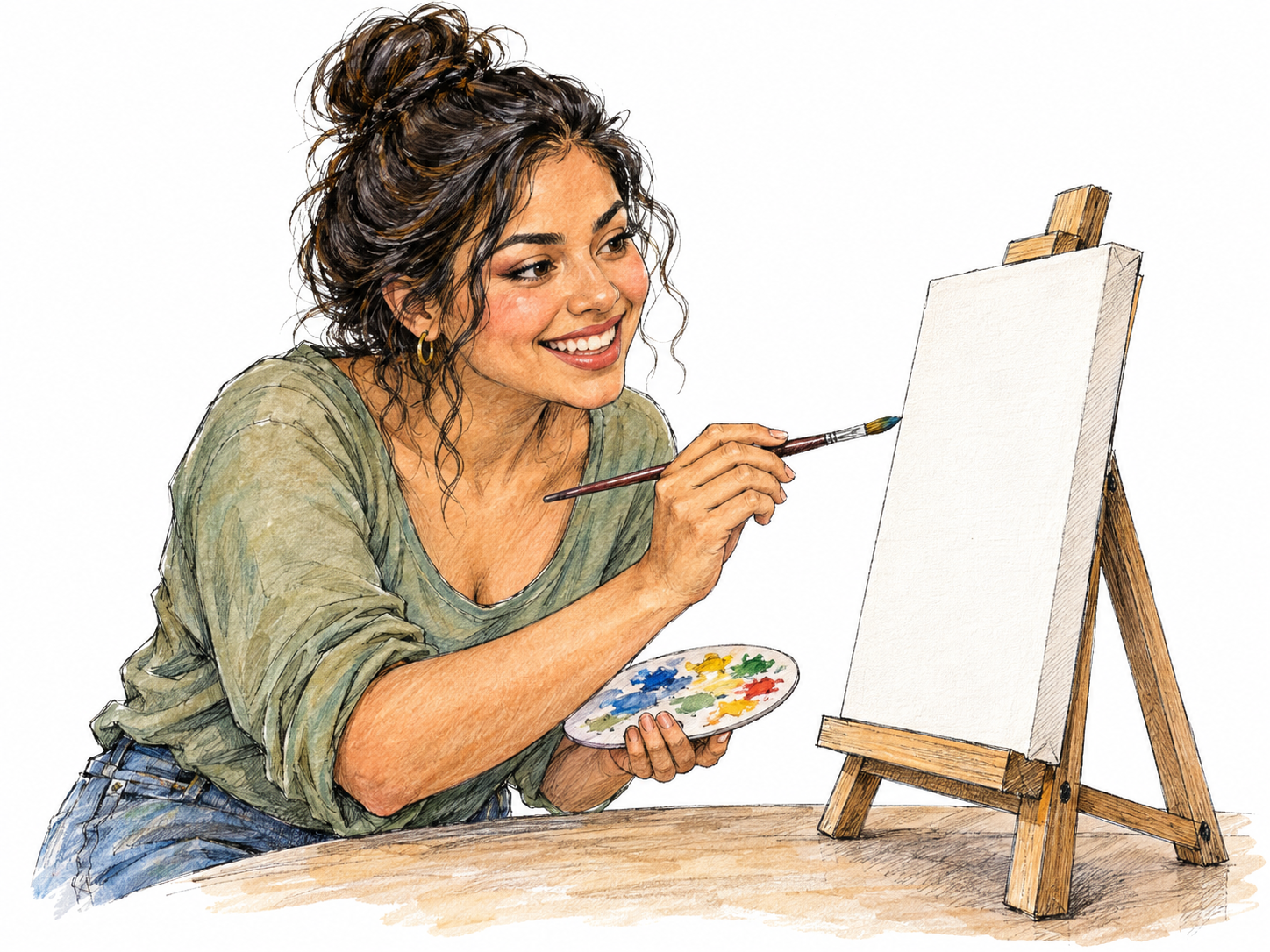 A young adult Latino woman eagerly begins a painting session, leaning toward a blank canvas with a delighted smile and her brush raised, visibly excited to start.