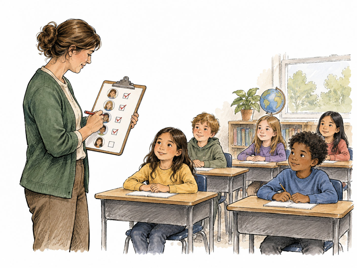 A teacher checks a seating chart made of portrait circles against pupils present in classroom.