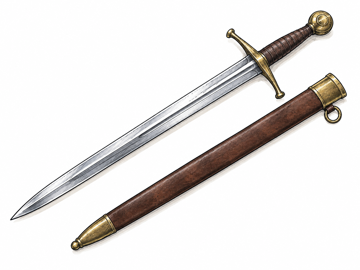 A long metal sword with a handle, guard and blade rests on white beside a plain scabbard; no fighting scene.
