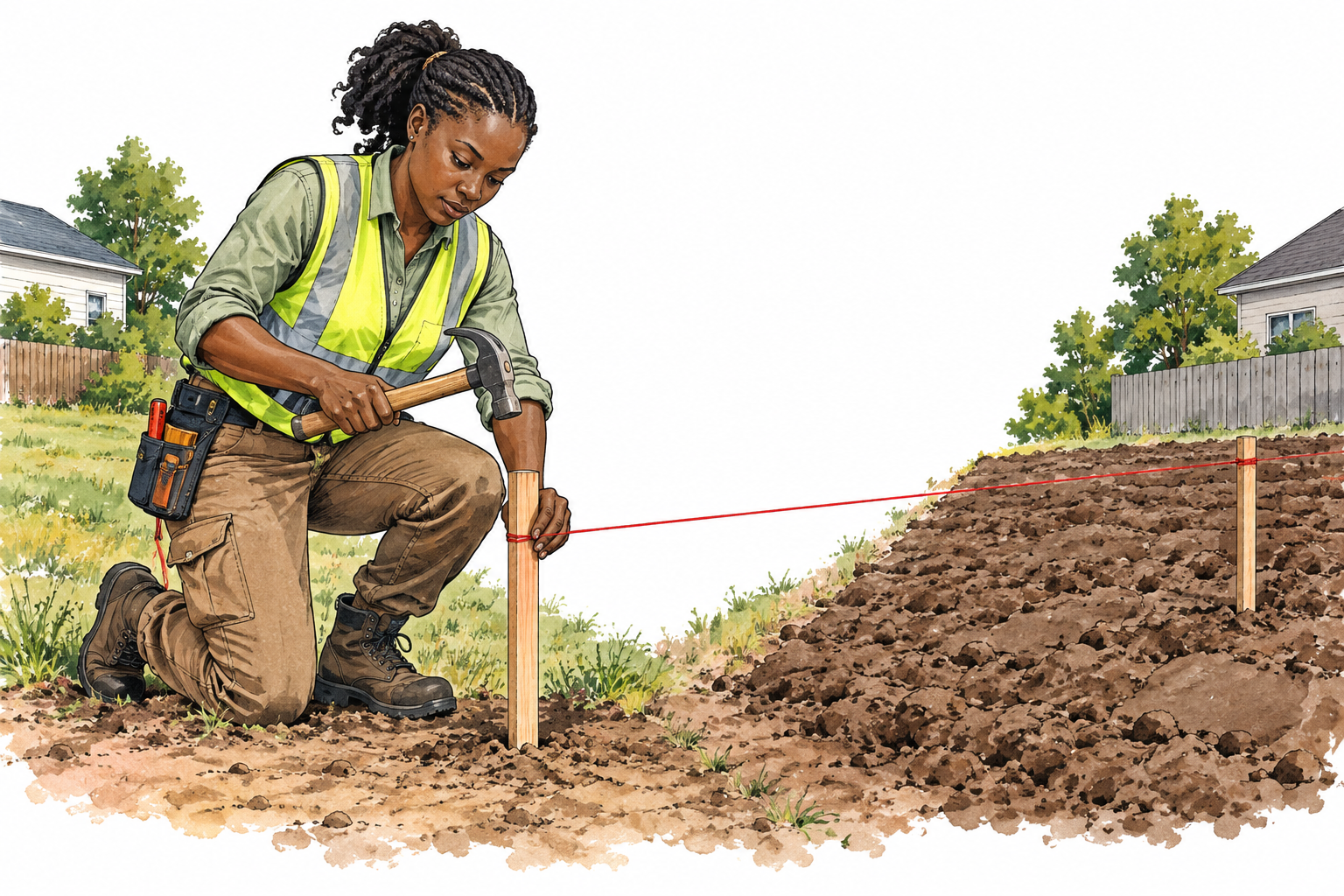 Black female surveyor places boundary stakes and taut red cord separating two neighboring plots.