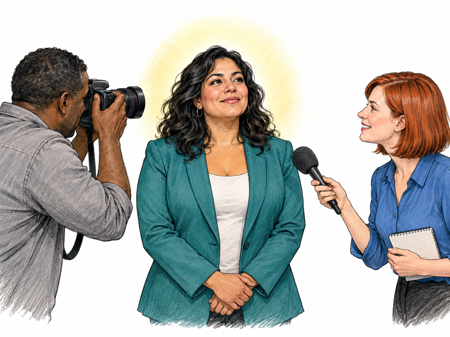 Public figure stands at center of attention while photographer aims camera and reporter offers microphone, small spotlight halo confined behind central person, no stage scenery or writing.
