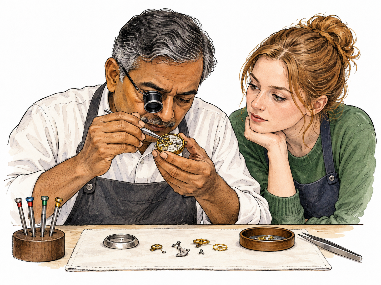 Adult expert watchmaker examines tiny clockwork through loupe while junior observer watches; detailed skill, no writing.