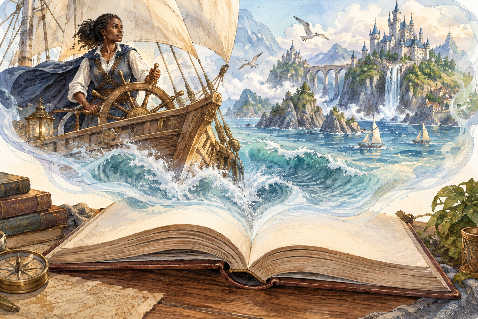 An open unlettered storybook imagines a fantastical sailing ship and distant castle rising in a translucent vignette, literary invented story.