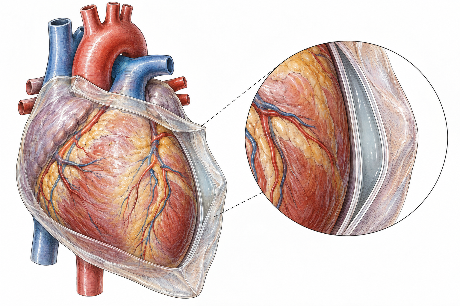 Accurate medical cutaway shows thin translucent pericardial sac surrounding anatomical heart, sac pulled slightly away to distinguish layers with narrow fluid space, no text.