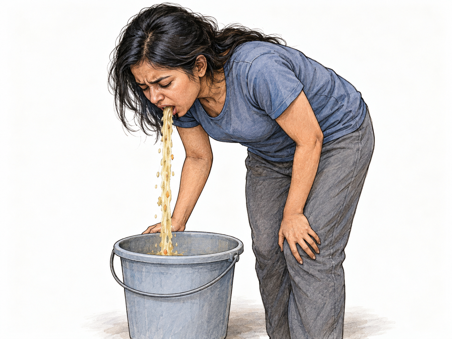 A woman bent over a plain bucket, visibly vomiting a small stream of stomach contents into it.