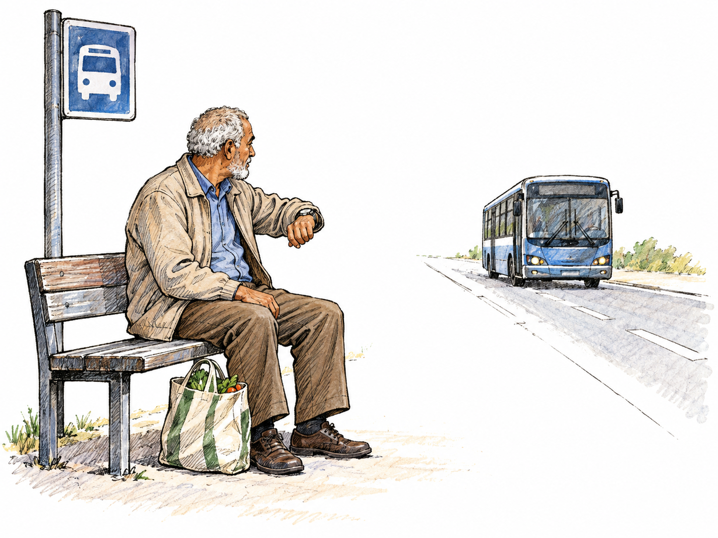 An older man awaits a bus: seated at a simple bus stop with a shopping bag beside his feet, he checks his wristwatch while looking toward a bus approaching in the distance.