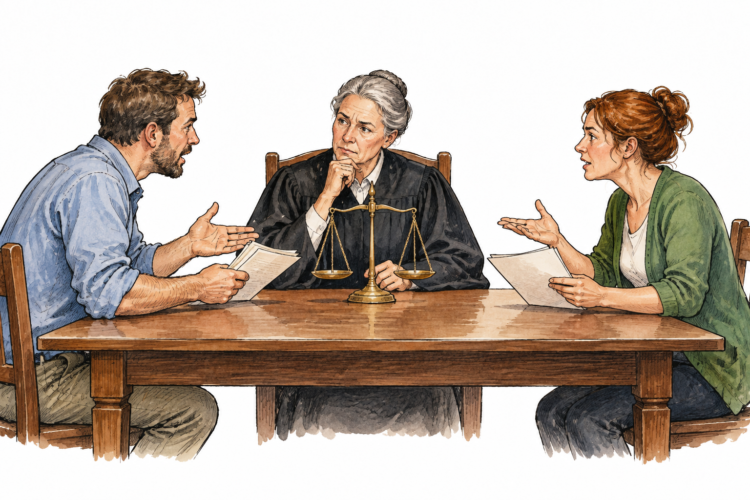 A mediator acting as official adjudicator hears two disputing adults at a hearing table and carefully weighs their evidence, no writing.