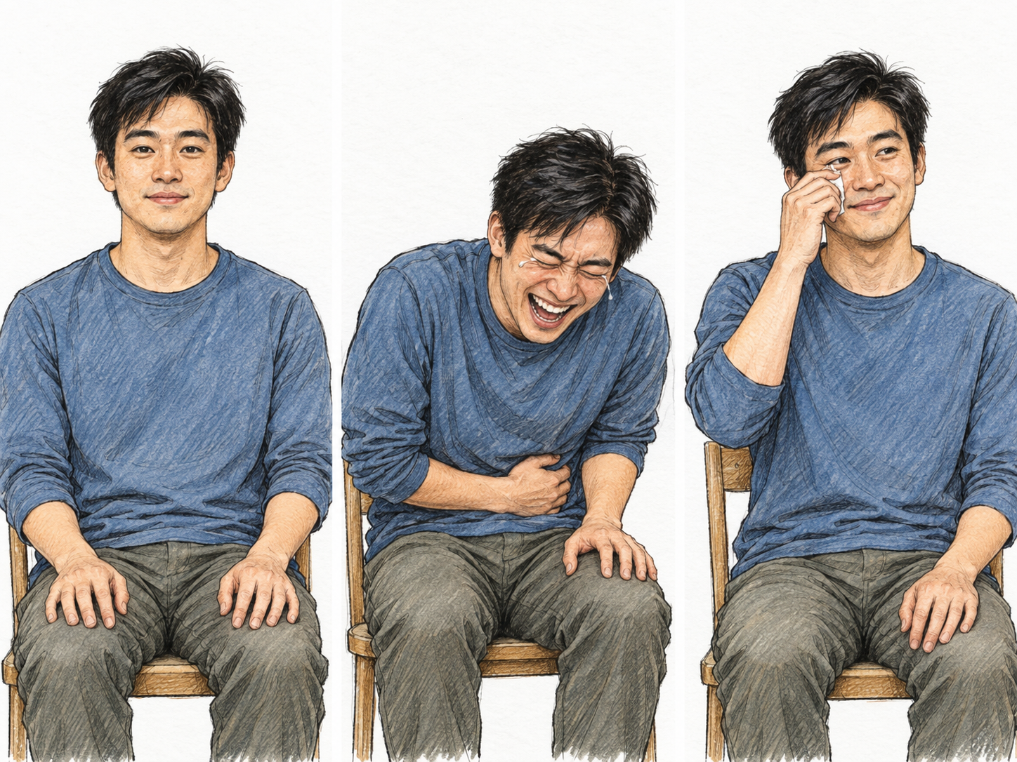 A text-free three-panel sequence showing a brief laughing jag: the same young man sits composed, doubles over in uncontrollable laughter, then settles back while wiping away a remaining tear.