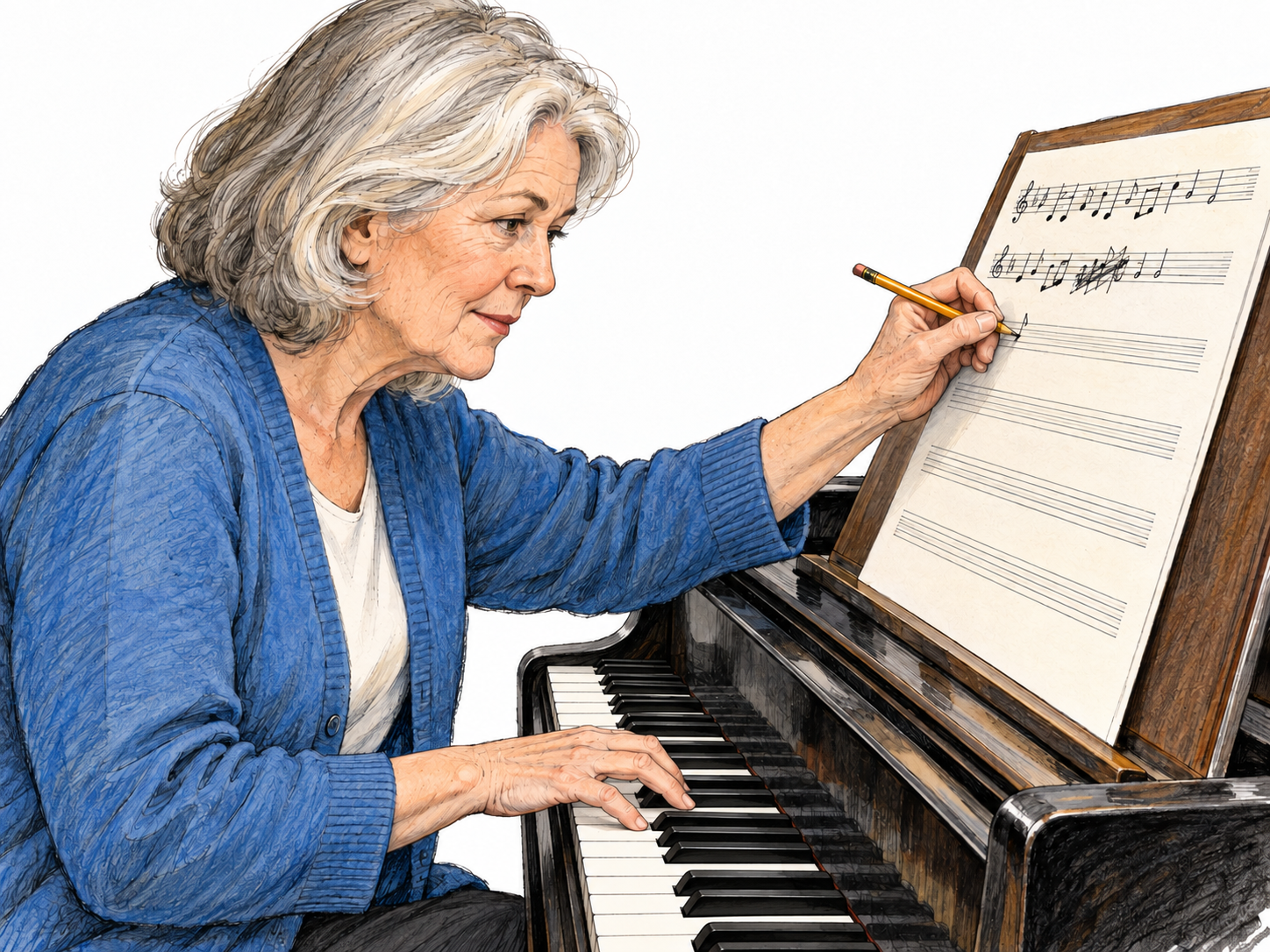An older woman composes music at a piano, adding a note to a partly completed handwritten score while trying a chord with her other hand.