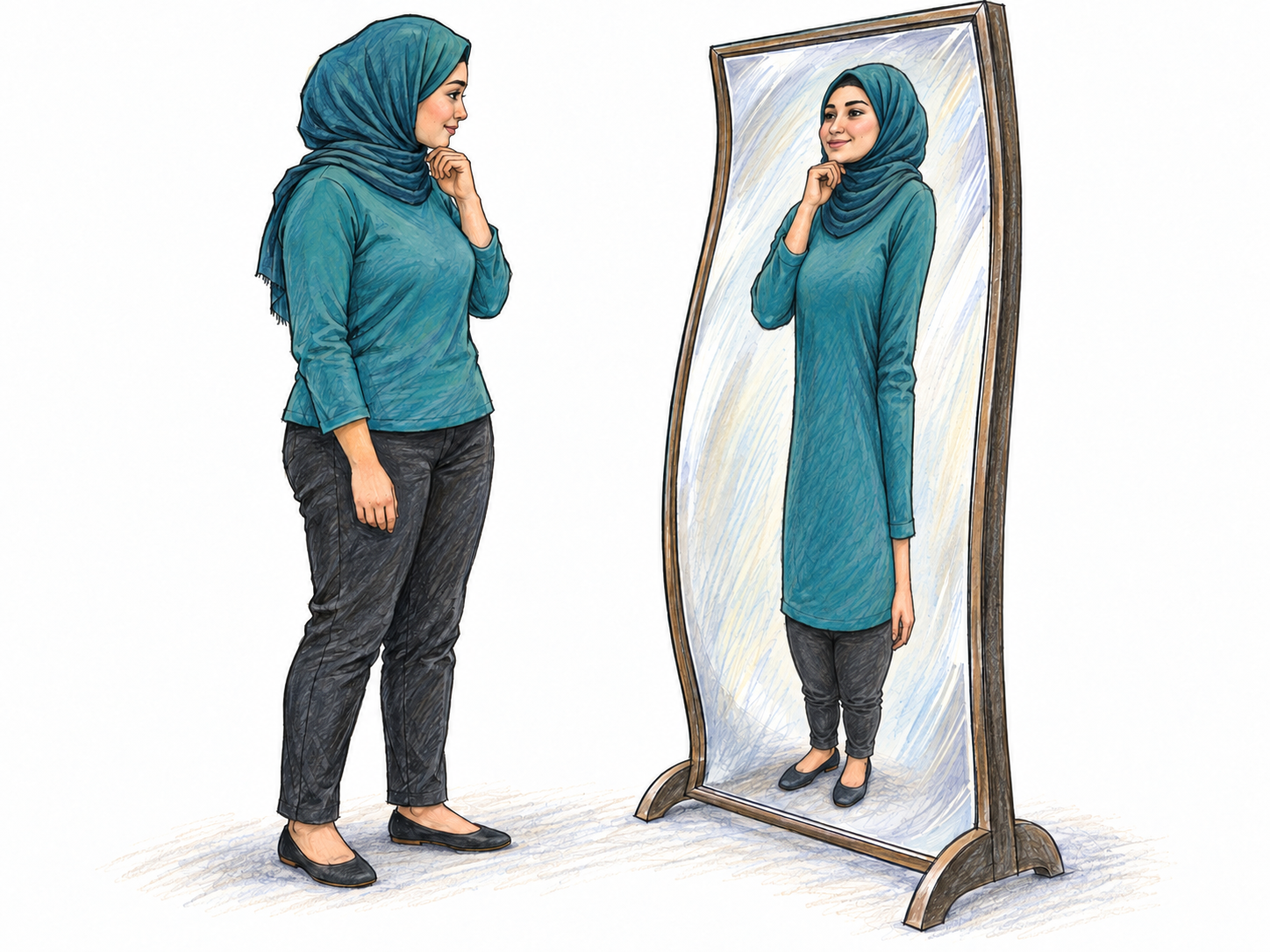 A young woman stands beside a curved funhouse mirror that visibly distorts her reflection, stretching her torso and compressing her legs while her actual proportions remain natural.