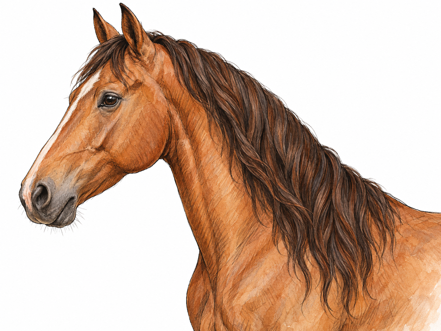 A close side view of a horse’s head, neck, and upper shoulder, with its long dark mane falling prominently along the neck against a lighter coat.