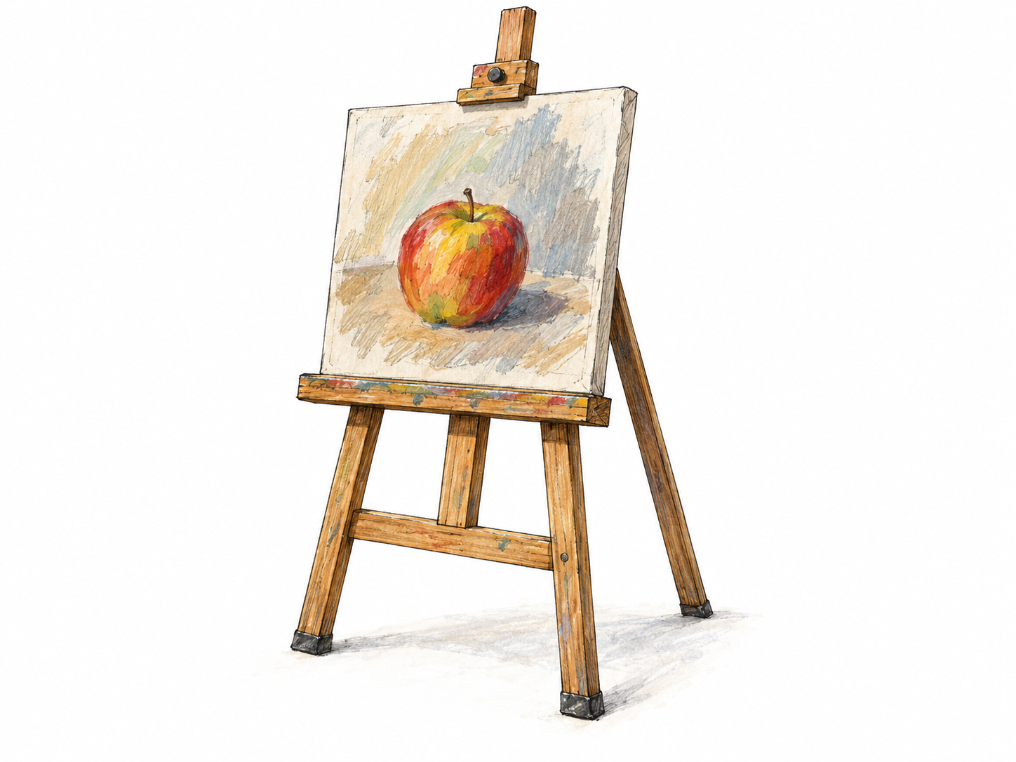 A wooden artist’s easel holding a partly painted canvas, with its supporting ledge, upright frame, and splayed legs clearly visible.
