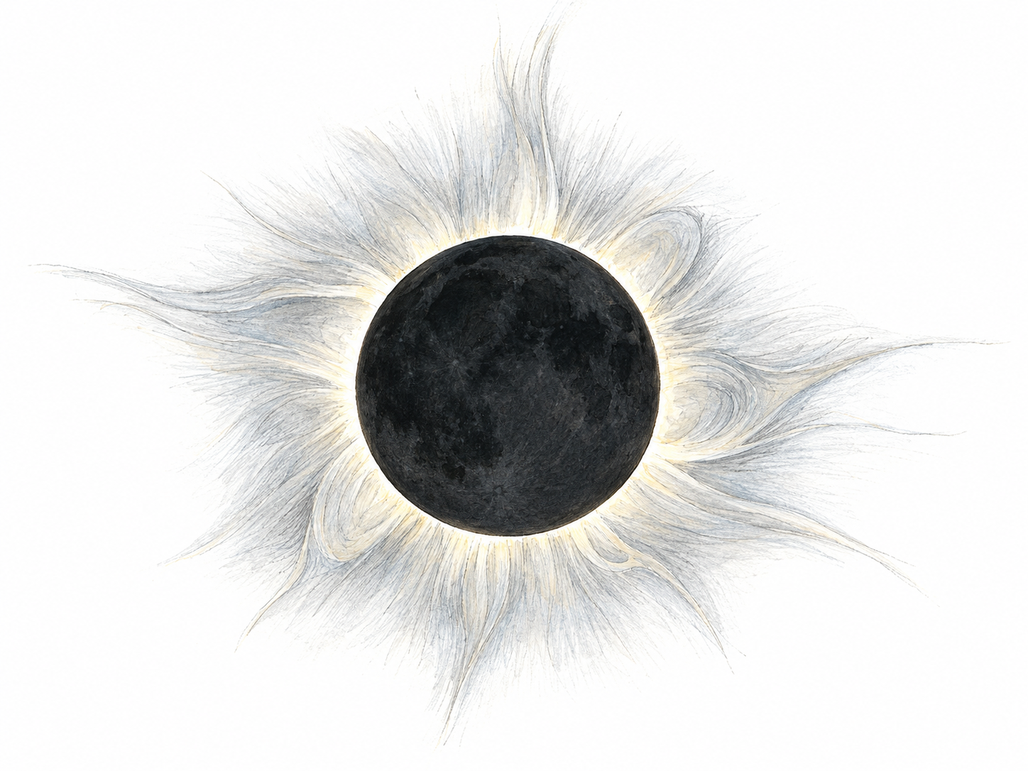 A close view of a total solar eclipse, emphasizing the Sun’s delicate corona extending beyond the dark lunar disk.