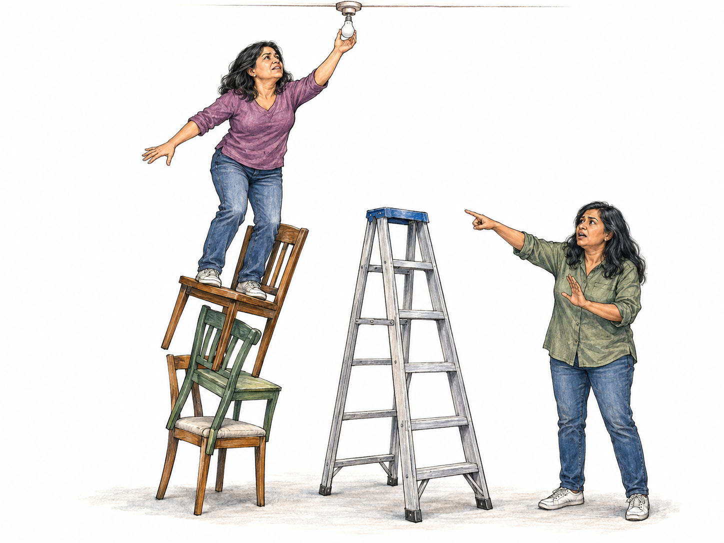 A woman attempts to change a ceiling bulb while balancing on a wildly unstable stack of mismatched chairs, despite an open stepladder immediately beside her.